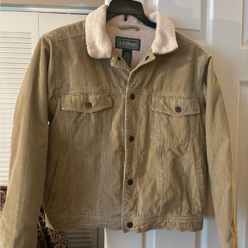 L.L. Bean Kids Light Brown Corduroy Jacket with White Sherpa Collar.